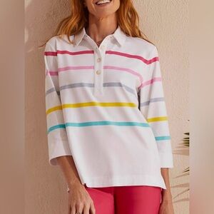 Tribal Women's Multicolor Striped Button Down Polo Shirt Raspberry Small NWT